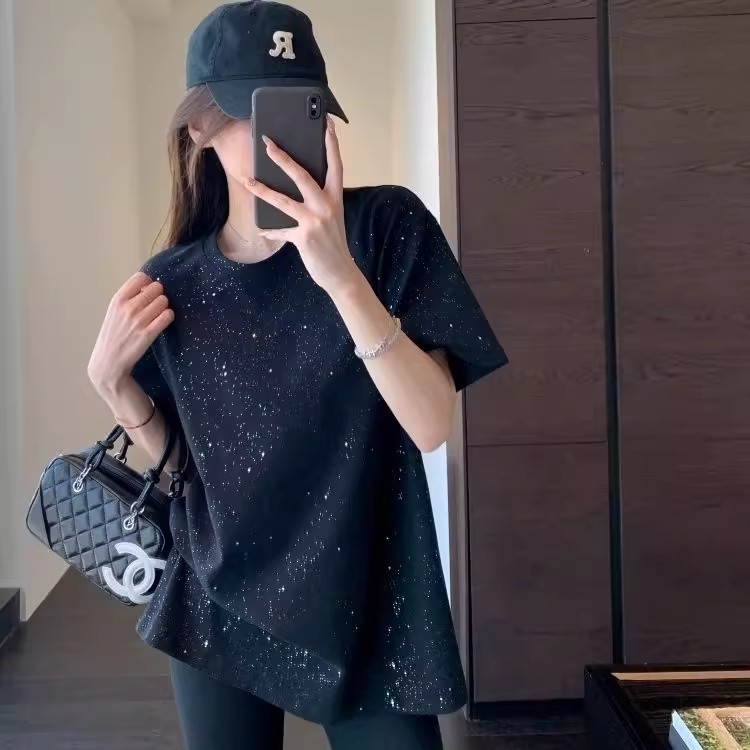 黑色设计感亮片亮晶晶亮闪闪短袖T恤女宽松时尚百搭纯色暗黑上衣