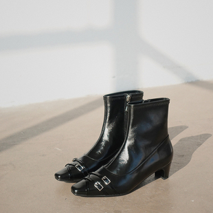 BIUCILI「狡黠小猫」法式优雅棕色油蜡皮麂皮猫跟包腿裸靴女踝靴