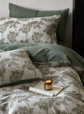 A类全棉色织提花美式四件套床笠款床上用品花卉深色纯棉床单被套