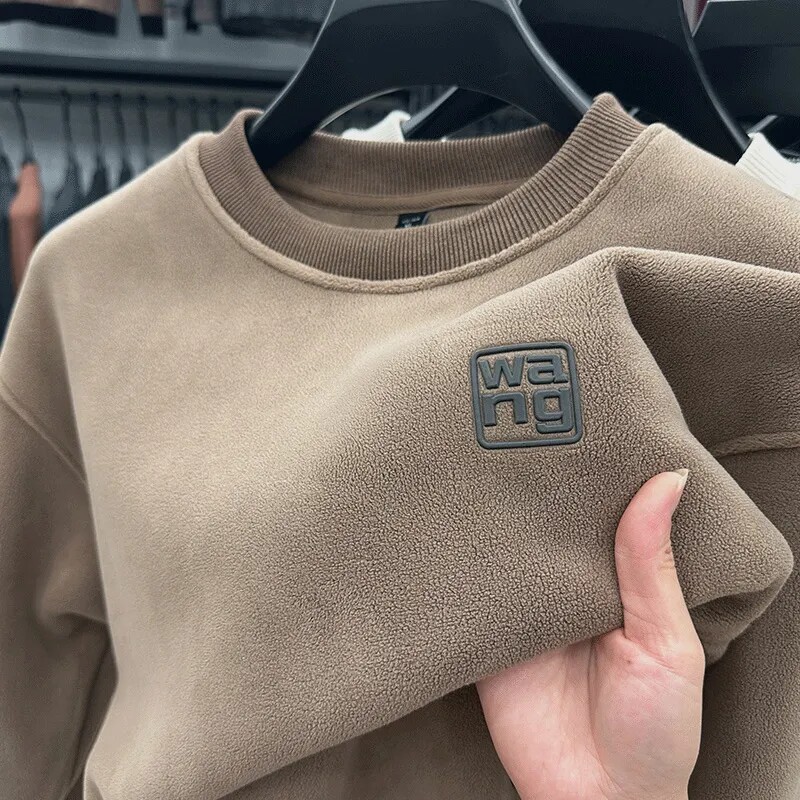 双面加厚澳粒绒冬季时尚加绒保暖上衣男士纯色休闲圆领抓绒卫衣潮