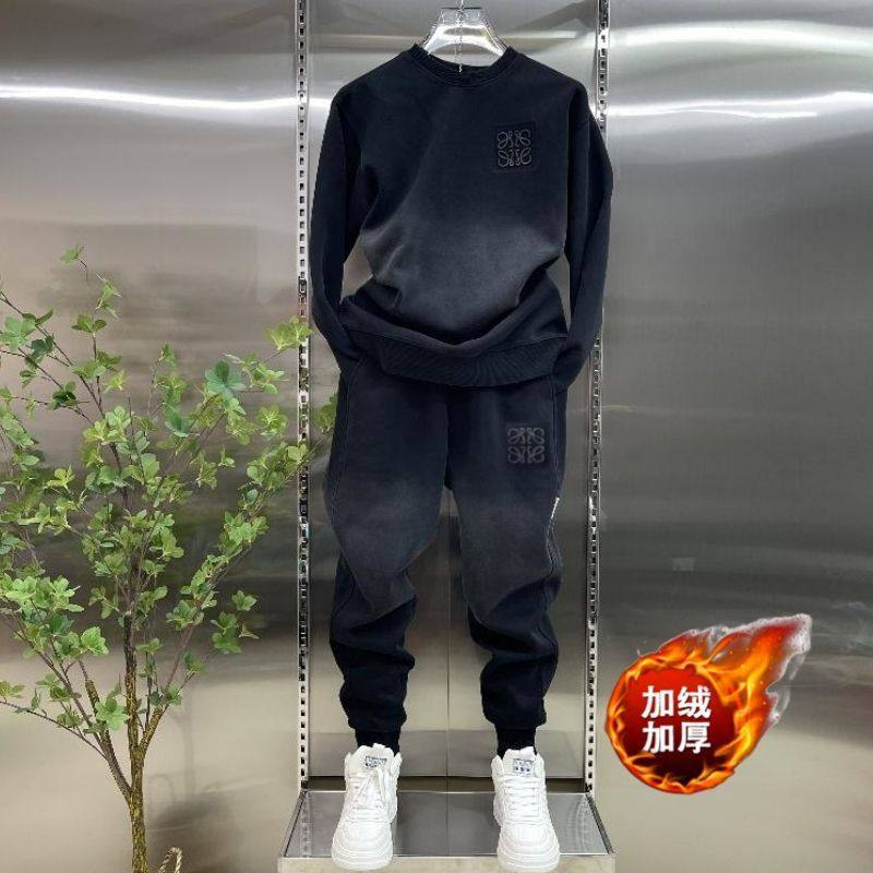 网红同款男士休闲套装秋冬显瘦简约运动帅气宽松韩版渐变色两件套
