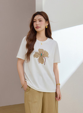 【花语】时尚宽松显瘦棉感舒适T恤纤莉秀大码女装胖mm2026夏新款