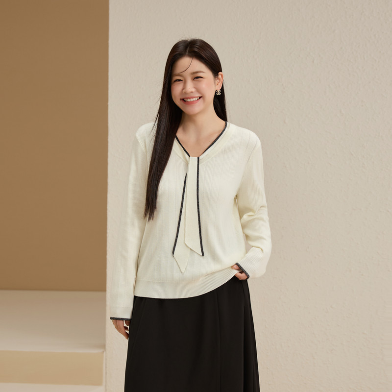 【飘带领套头针织衫】纤莉秀大码女装韩系温柔上衣胖mm2025秋新款