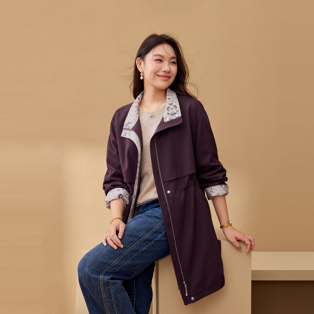 【抽绳收腰显瘦风衣】纤莉秀大码女装气质百搭外套胖mm2026秋新款