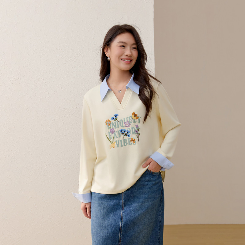 【减龄学院风卫衣】纤莉秀大码女装拼接翻领上衣胖mm2026春装新款