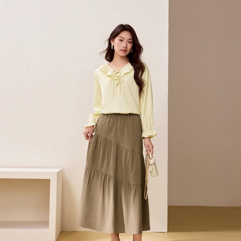 【减龄两件套】荷叶边领衬衫半身裙套装纤莉秀大码女装胖mm春新款