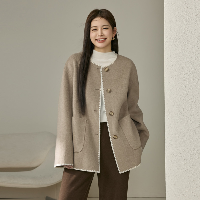 纤莉秀大码女装复古别致花边减龄百搭双面毛呢外套胖mm2024冬新款