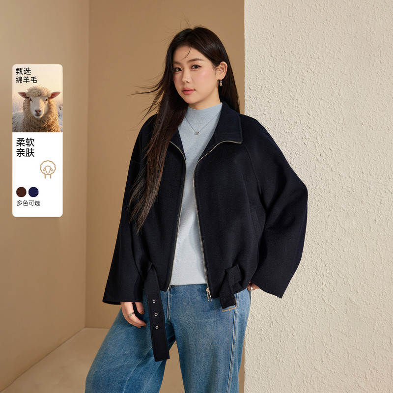 【时髦廓形短款100绵羊毛外套】纤莉秀大码女装胖mm2025冬装新款