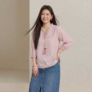 海屿微光 胖mm夏装 亚麻混纺木耳边轻薄衬衫 女装 新款 纤莉秀大码