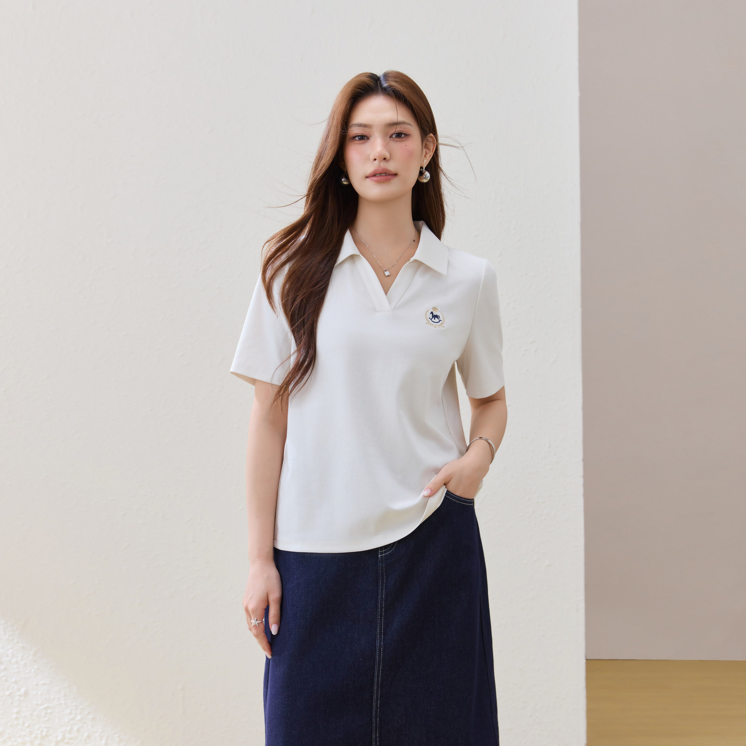 【Polo领正肩显瘦T恤】纤莉秀大码女装休闲百搭上衣胖mm夏装新款
