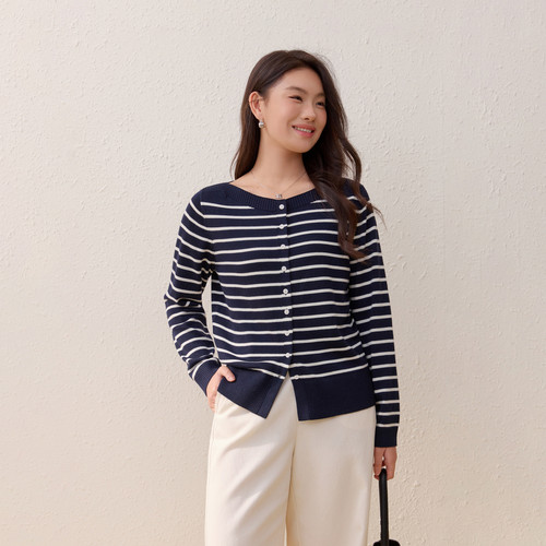 【条纹百搭薄针织衫】纤莉秀大码女装简约温柔开衫胖mm2026春新款