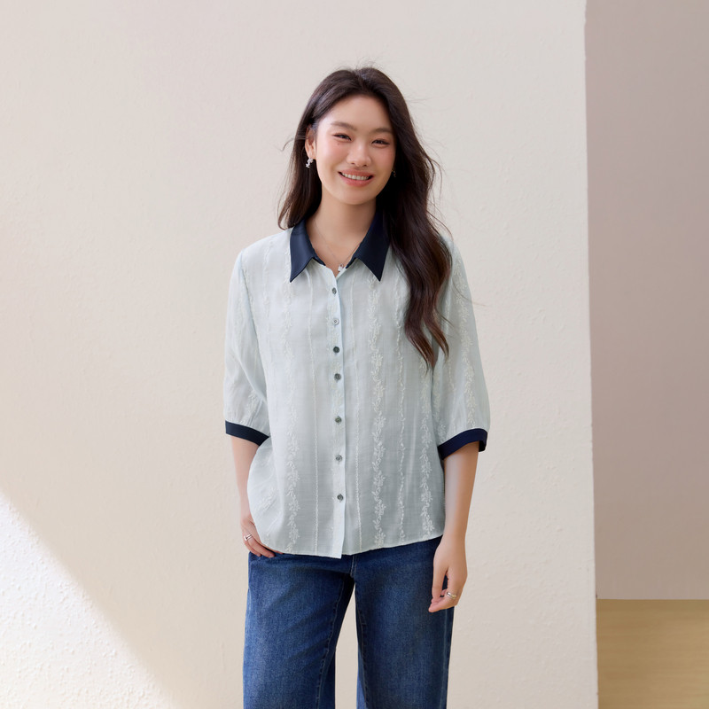 【优雅百搭衬衫】纤莉秀大码女装时尚个性绣花上衣胖mm2026夏新款
