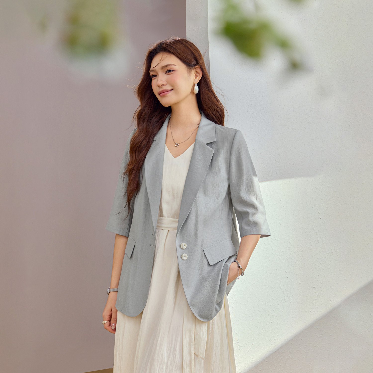 【云栖】透气肌理感七分袖西装外套纤莉秀大码女装胖mm2026夏新款