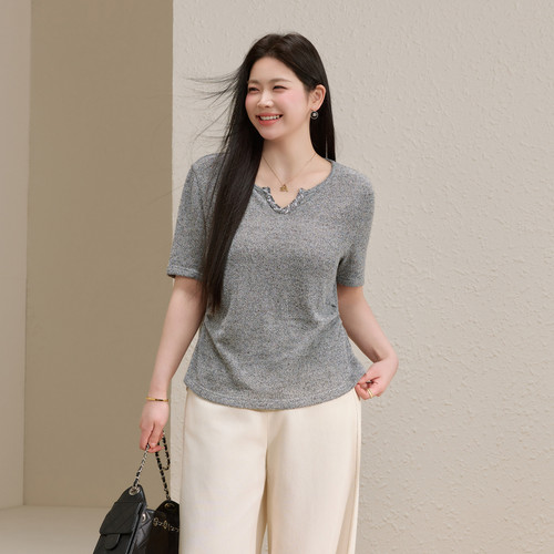 【莫兰迪】流光肌理双侧收腰设计T恤纤莉秀大码女装胖mm夏装新款