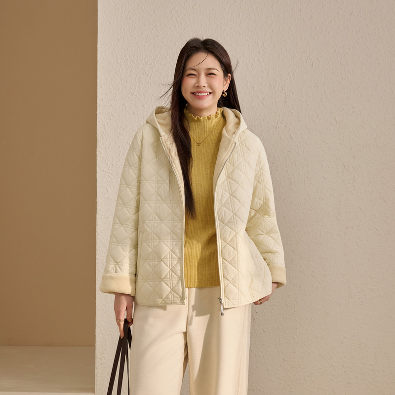 【菱格连帽棉服】纤莉秀大码女装休闲保暖短款外套胖mm2025冬新款