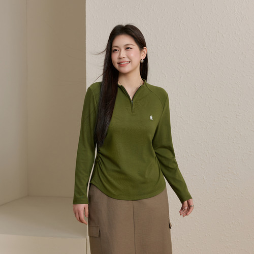 【拉链领口T恤】纤莉秀大码女装时髦褶皱设计显瘦上衣胖mm春新款