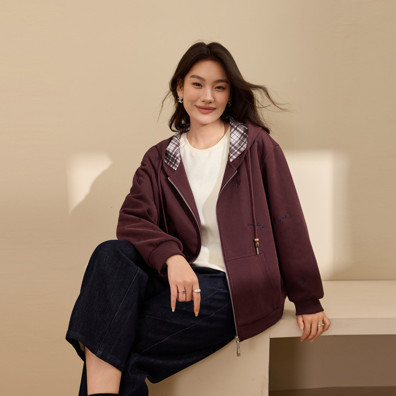 【珠片绣连帽外套】纤莉秀大码女装时髦百搭开衫胖mm2025冬装新款