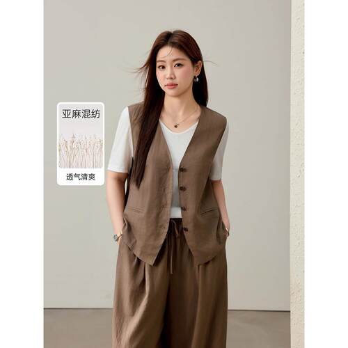 【慵懒气质宽松舒适亚麻两件套装】纤莉秀大码女装胖mm2025夏新款