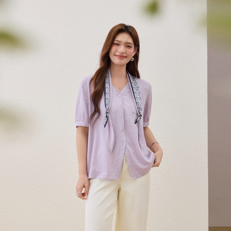 【独特个性丝巾衬衫】纤莉秀大码女装简约气质上衣胖mm2026夏新款