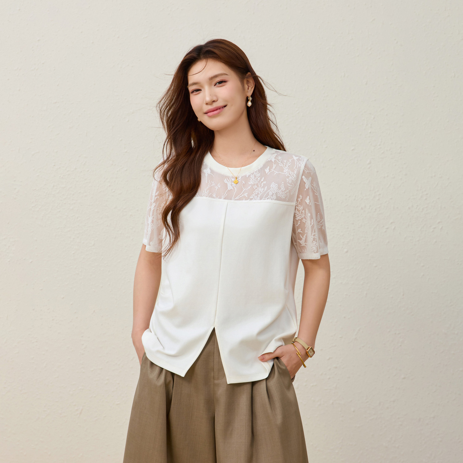 【花笺】微透网纱拼接开叉针织衫纤莉秀大码女装胖mm2026夏季新款