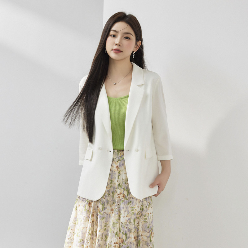 真丝西装纤莉秀大码女装法式高级时髦简约经典外套胖mm2024夏新款