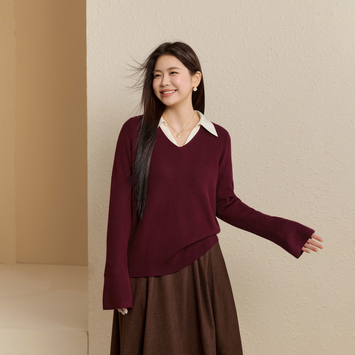 【微醺】宽松遮肉喇叭袖软糯V领针织衫纤莉秀大码女装胖mm秋新款