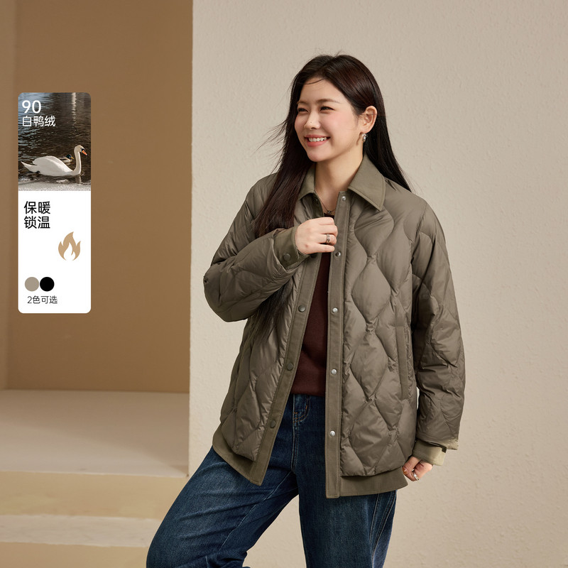 【轻薄翻领90鸭绒羽绒服】纤莉秀大码女装韩系拼接外套胖mm冬新款