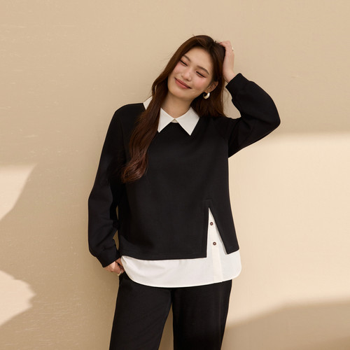 【设计感假两件T恤】纤莉秀大码女装时髦撞色上衣胖mm2025秋新款