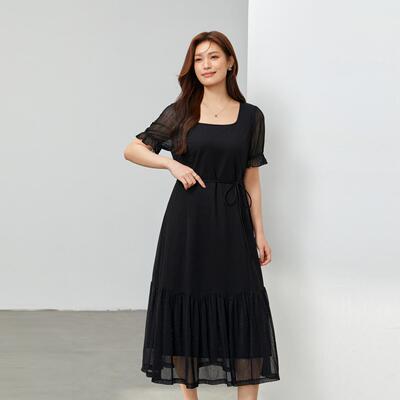 【时髦拼接收腰显瘦气质方领连衣裙】纤莉秀大码女装胖mm夏装新款