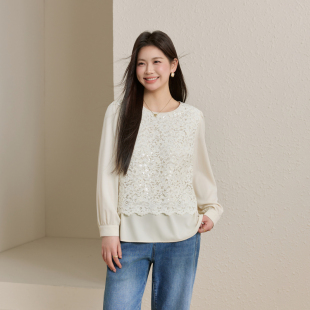 法式 文艺风上衣胖mm2026春装 蕾丝绣花衬衫 女装 新款 纤莉秀大码