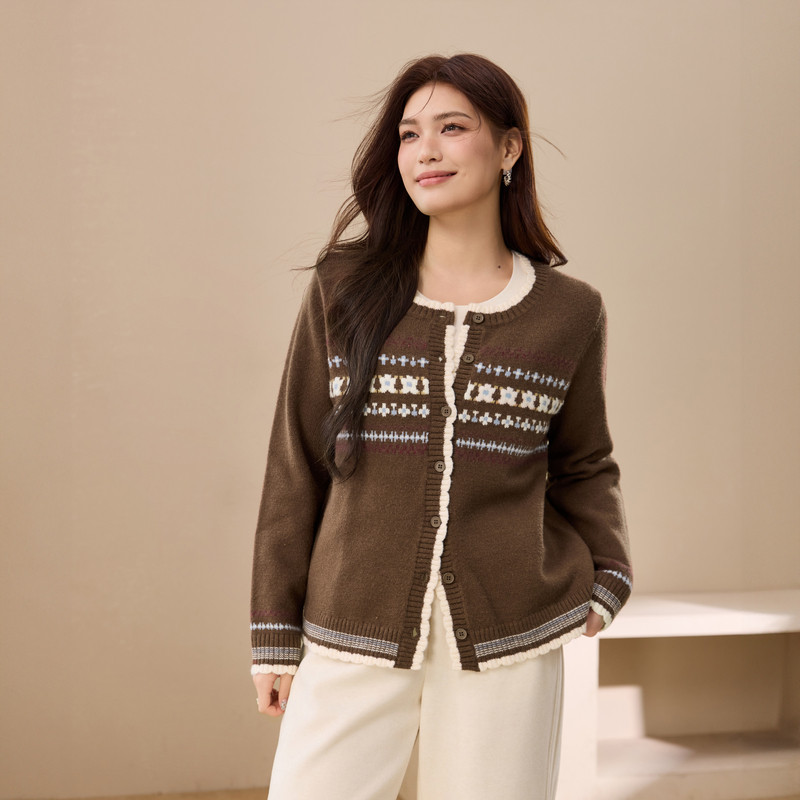 【费尔岛】北欧复古风提花撞色毛衣纤莉秀大码女装胖mm2026春新款