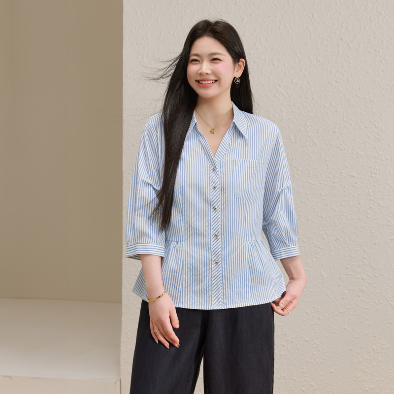 【莱赛尔混纺】七分袖正肩显瘦条纹衬衫纤莉秀大码女装胖mm夏新款