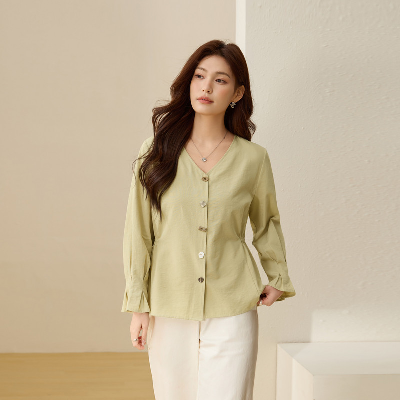 【设计感收腰V领衬衫】纤莉秀大码女装法式气质上衣胖mm春装新款