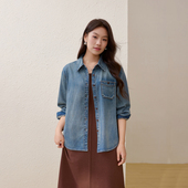 港岛故事 胖mm春装 零压通勤100棉牛仔衬衫 女装 新款 纤莉秀大码