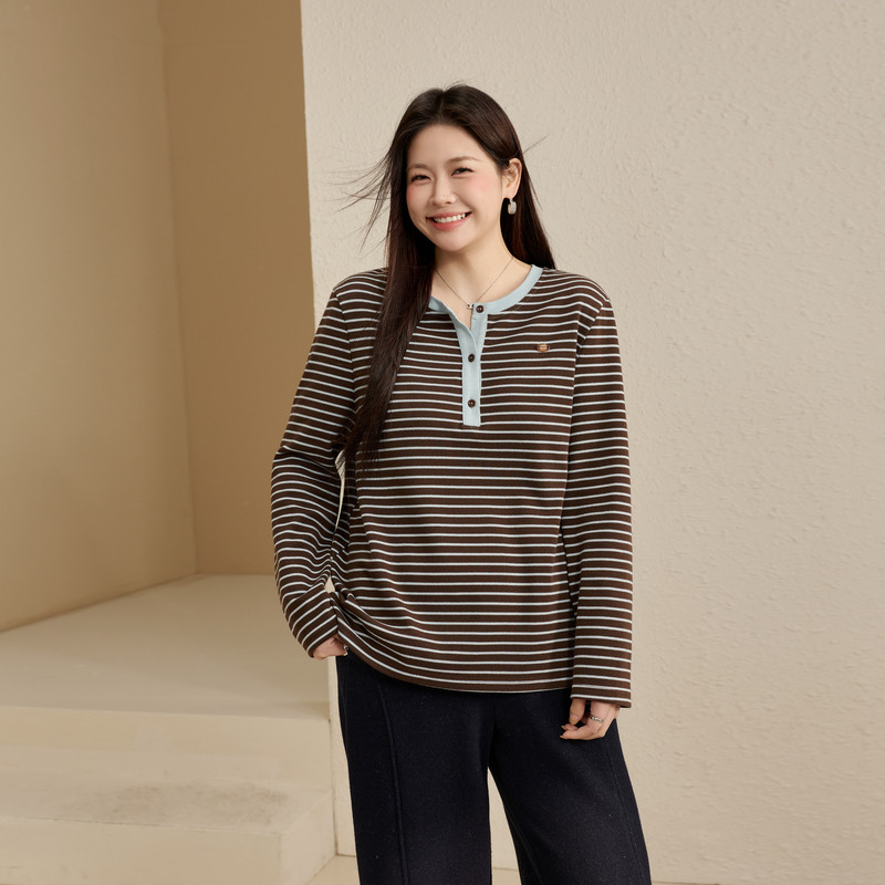【复古条纹休闲百搭T恤】纤莉秀大码女装简约上衣胖mm2025冬新款,女装/女士精品,大码内搭,淘宝优惠券,粉丝福利购,淘宝优惠卷