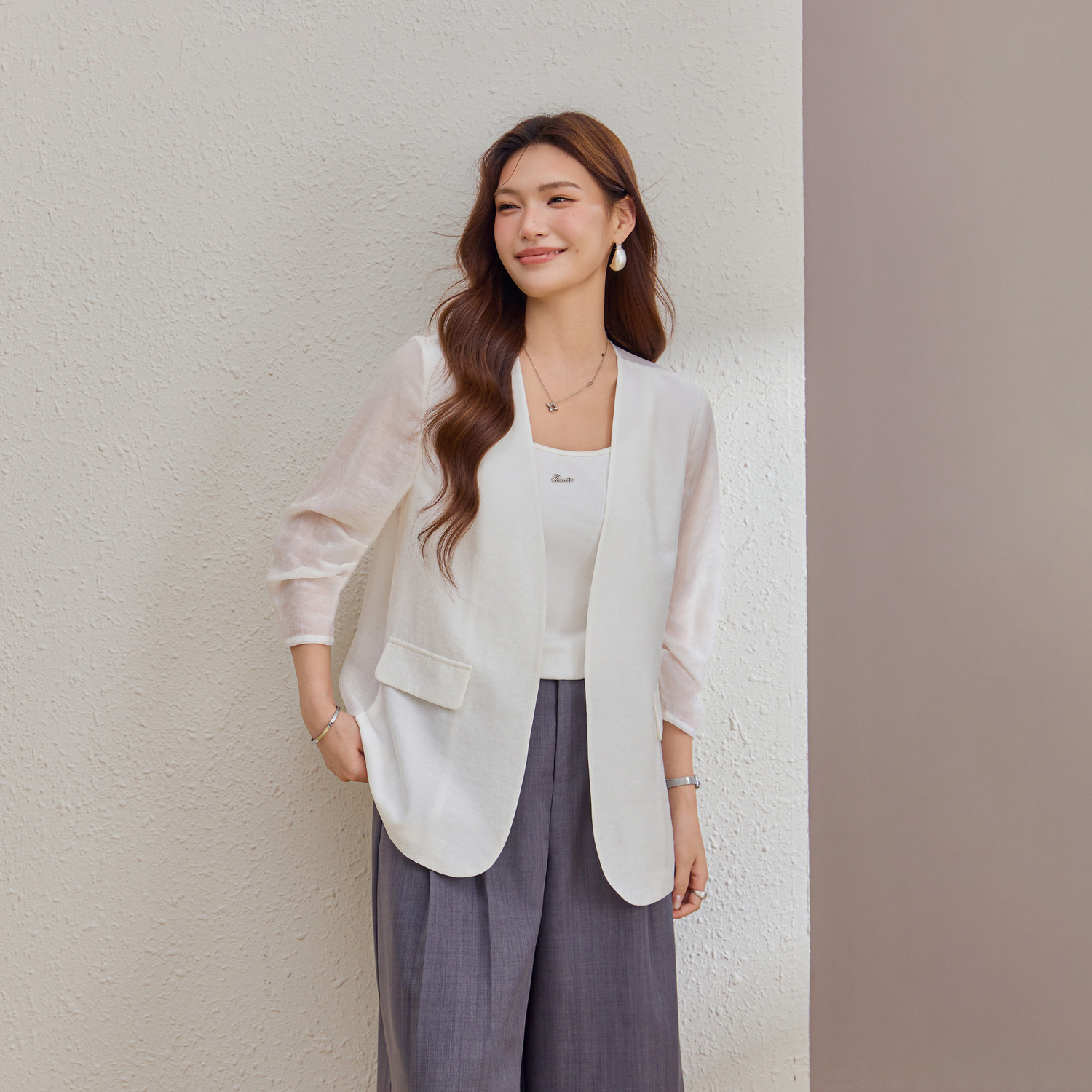 【薄款无领西装外套】纤莉秀大码女装慵懒百搭外套胖mm2026夏新款