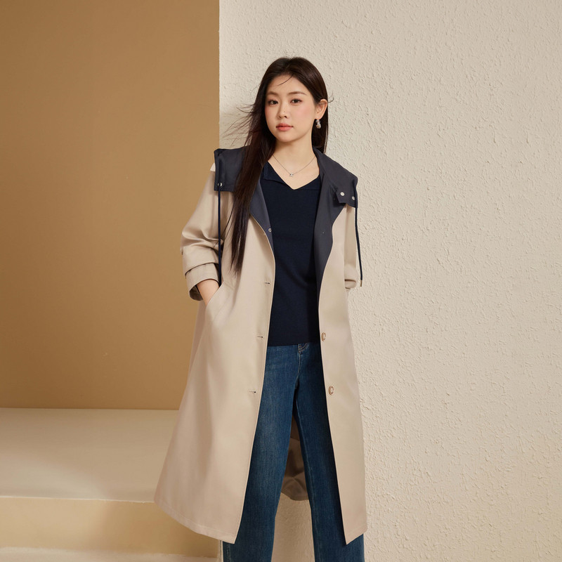 【布朗风衣】撞色设计感连帽外套纤莉秀大码女装胖mm2025秋装新款