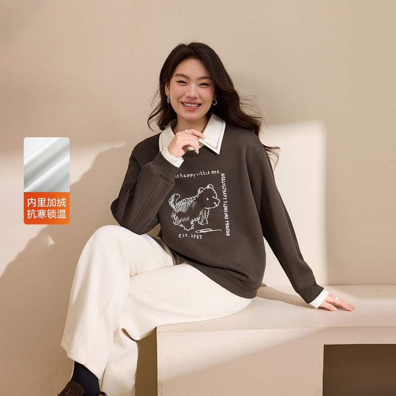 【假两件翻领加绒卫衣】纤莉秀大码女装时尚减龄上衣胖mm冬装新款