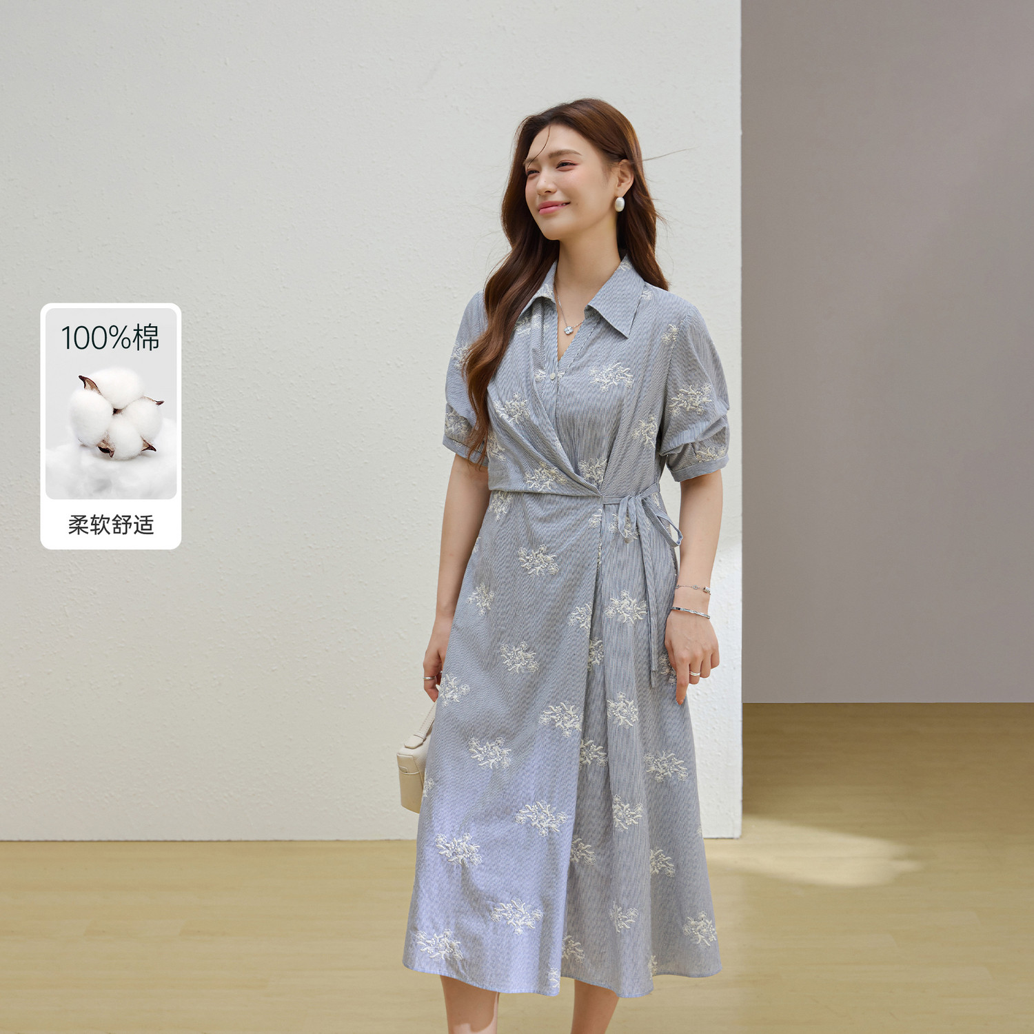 【条纹绣花纯棉连衣裙】纤莉秀大码女装系带收腰长裙胖mm夏季新款