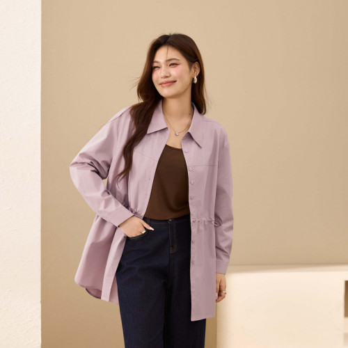 【抽绳收腰衬衫】纤莉秀大码女装纯棉气质开衫外搭胖mm2025秋新款