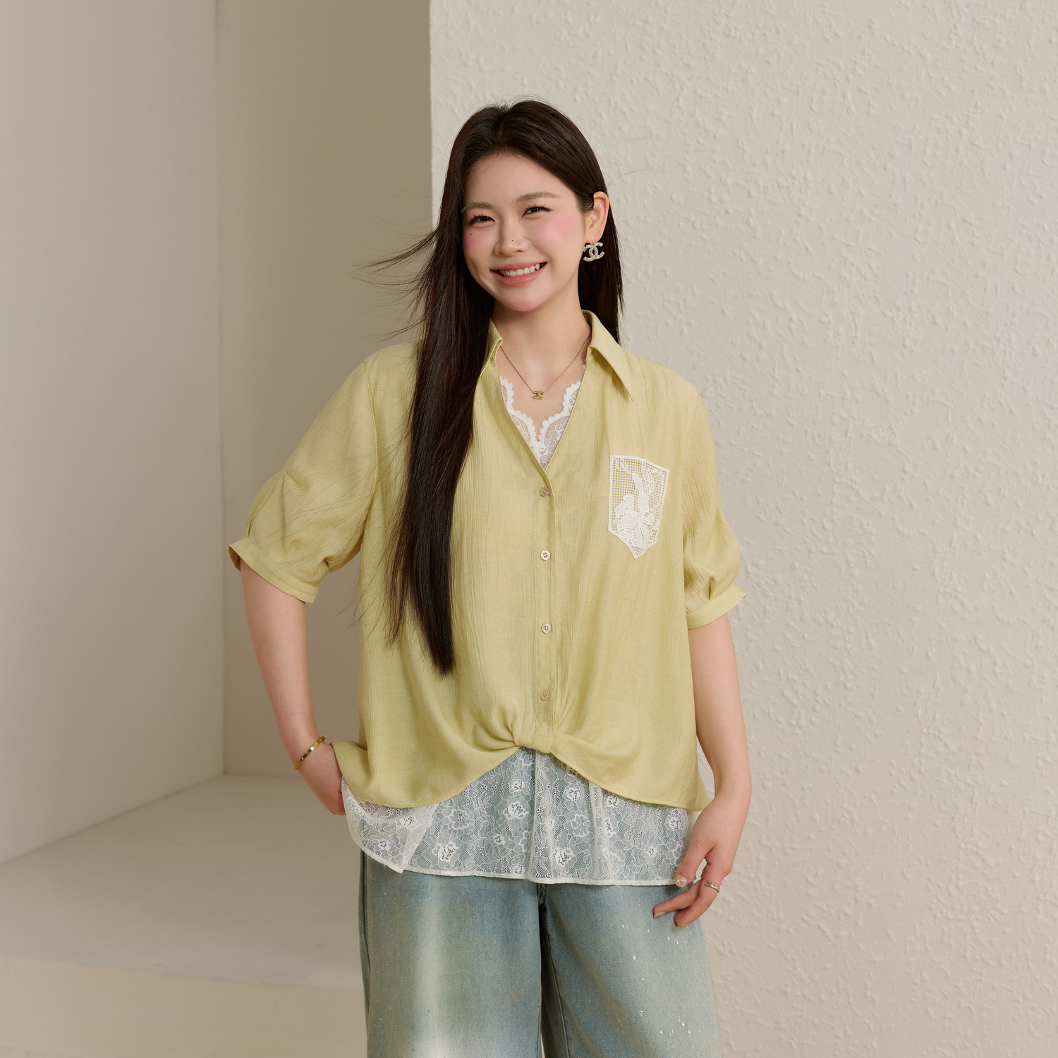 【花笺】假两件蕾丝拼接系结设计衬衫纤莉秀大码女装胖mm夏季新款
