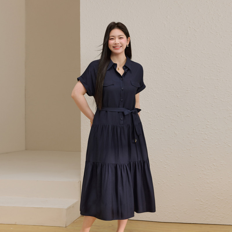 【醋酸垂感连衣裙】翻领显瘦长裙纤莉秀大码女装胖mm2026夏装新款
