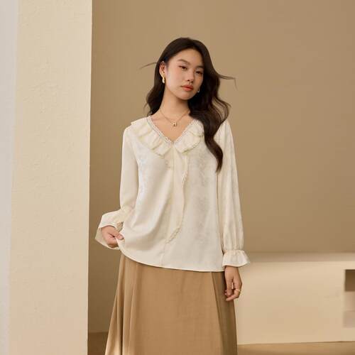 【荷叶领V领衬衫】纤莉秀大码女装百搭提花肌理上衣胖mm秋装新款