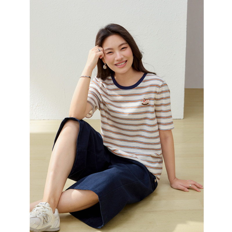 【减龄条纹T恤】纤莉秀大码女装百搭摇摇马章仔上衣胖mm夏装新款