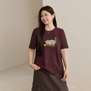 【减龄俏皮小猫T恤】纤莉秀大码女装休闲圆领上衣胖mm2026夏新款