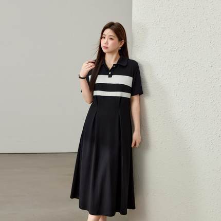 【设计感撞色翻领正肩显瘦连衣裙】纤莉秀大码女装胖mm2025夏新款