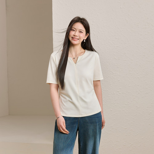 【拉链设计小V领T恤】纤莉秀大码女装时尚简约上衣胖mm2026夏新款