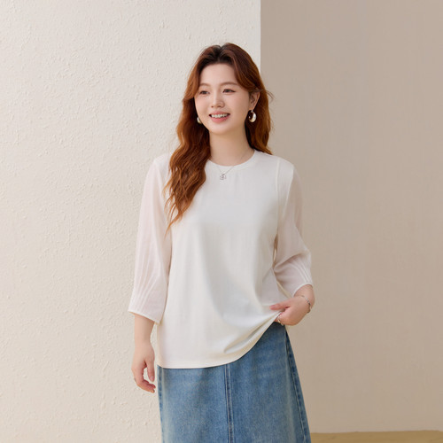 【圆领拼接百搭T恤】纤莉秀大码女装简约气质上衣胖mm2026夏新款