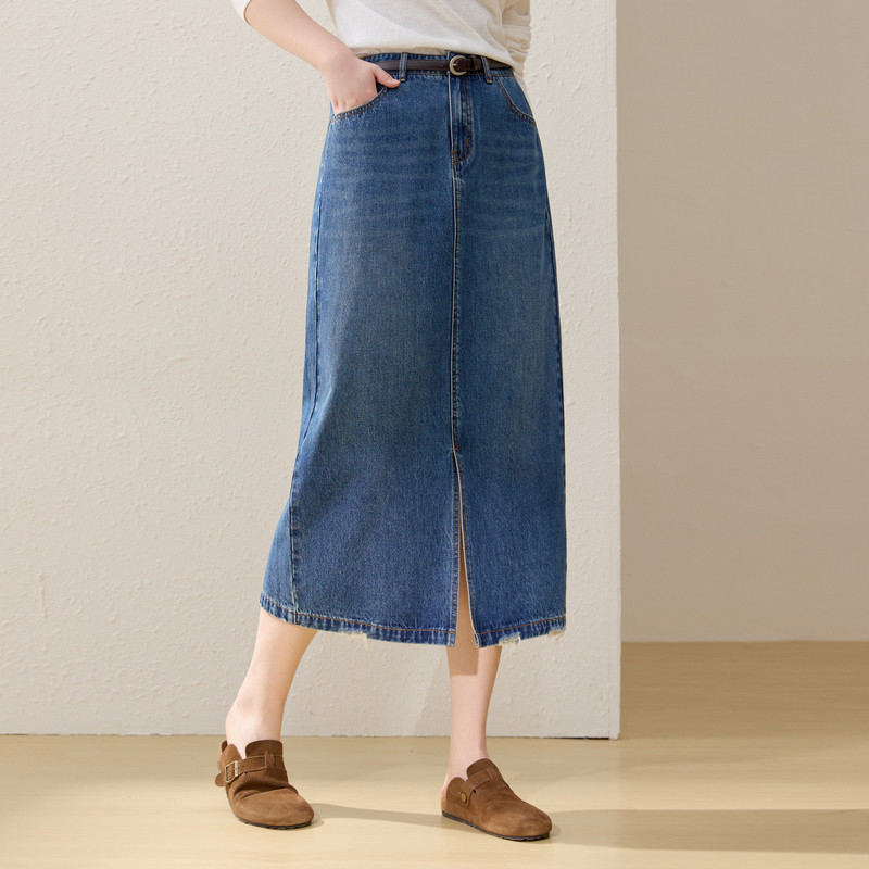 【前开叉牛仔半身裙】纤莉秀大码女装显瘦百搭直筒裙胖mm春装新款