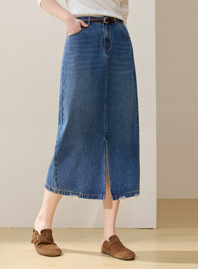 【前开叉牛仔半身裙】纤莉秀大码女装显瘦百搭直筒裙胖mm春装新款
